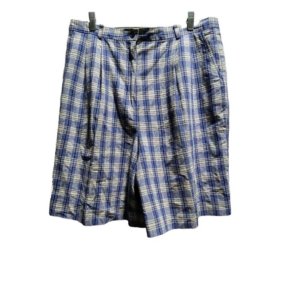 Vintage Pendleton Linen Blend Blue Plaid High Waisted Pleated Shorts Women’s 16 - Picture 2 of 7